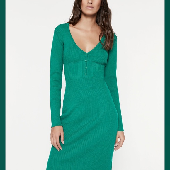 Bardot Collar Knit Long Sleeve Rib Sweater midi Dress in Bright green Size L - Picture 4 of 15
